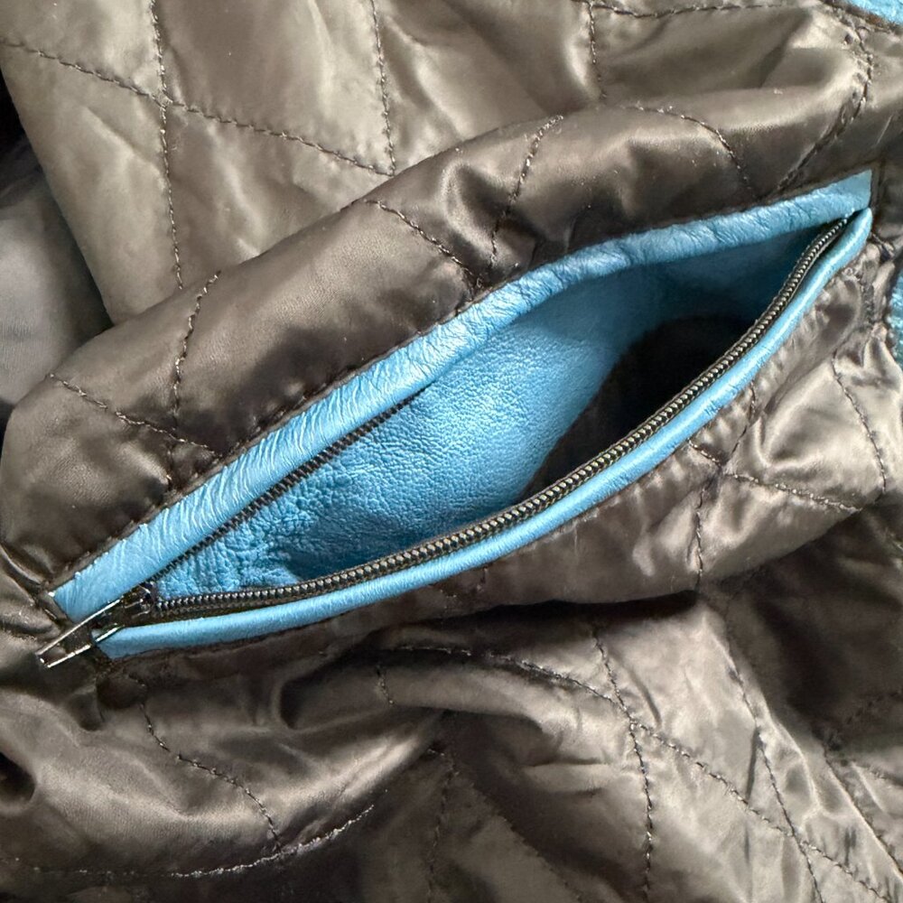 Evil Kristen Bouchard Blue Leather Retro Rainbow Aviator Jacket L/XL - Picture 13 of 16